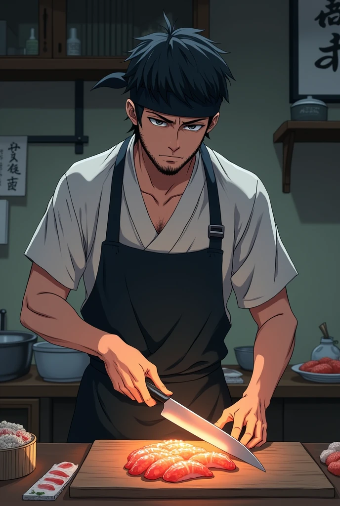 Anime of a dark-haired sushi chef with a beard and short hair wearing a black bandana working with a knife, tired of life and work, discovers magic