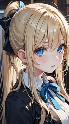 Blonde,Long ponytail,Very curled hair,Two hairpins,Blue ribbon,Bright blue eyes,a little freckles,,teenager