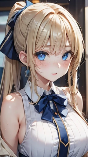 Blonde,Long ponytail,Very curled hair,Two hairpins,Blue ribbon,Bright blue eyes,a little freckles,Big Breasts,ager