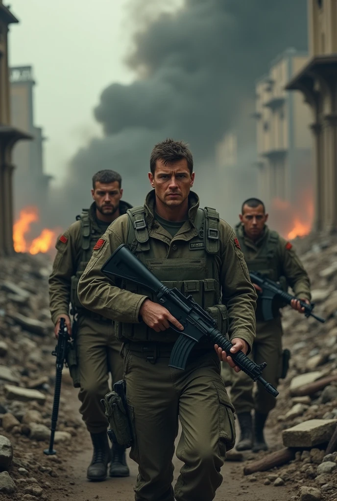 a group of 4 soldiers exiting a burning city, detailed military uniforms, smoke, flames, face zoom, focus on the face, rubble, apocalyptic, dystopian, dramatic lighting, gritty, cinematic, muted color palette, (best quality,4k,8k,highres,masterpiece:1.2),ultra-detailed,(realistic,photorealistic,photo-realistic:1.37)