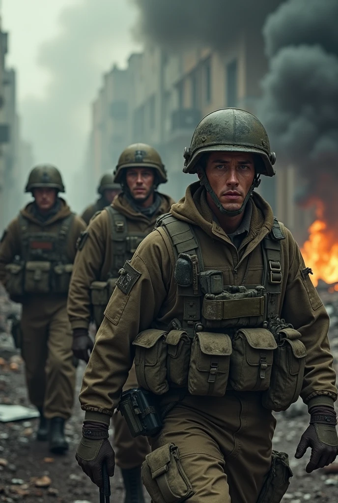a group of 4 soldiers exiting a burning city, detailed military uniforms, smoke, flames, face zoom, focus on the face, rubble, apocalyptic, dystopian, dramatic lighting, gritty, cinematic, muted color palette, (best quality,4k,8k,highres,masterpiece:1.2),ultra-detailed,(realistic,photorealistic,photo-realistic:1.37)