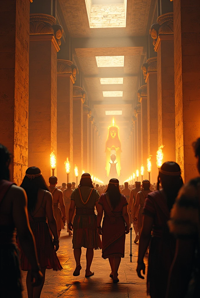 Incas entering the temple of Wiracocha, There are torches in the temple, Inside the temple there are statues of bicuña and alpaca

