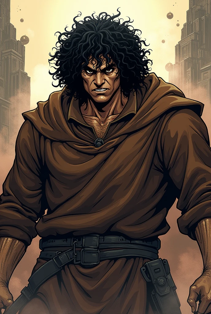 a brown-colored executioner, of tall stature, broadshouldered, black curly hair getting angry, with manga-like art