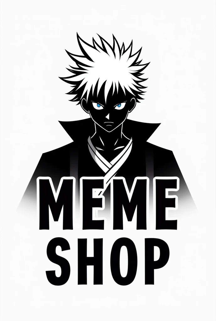 a black and white logo with gojo behind it and the name meme shop