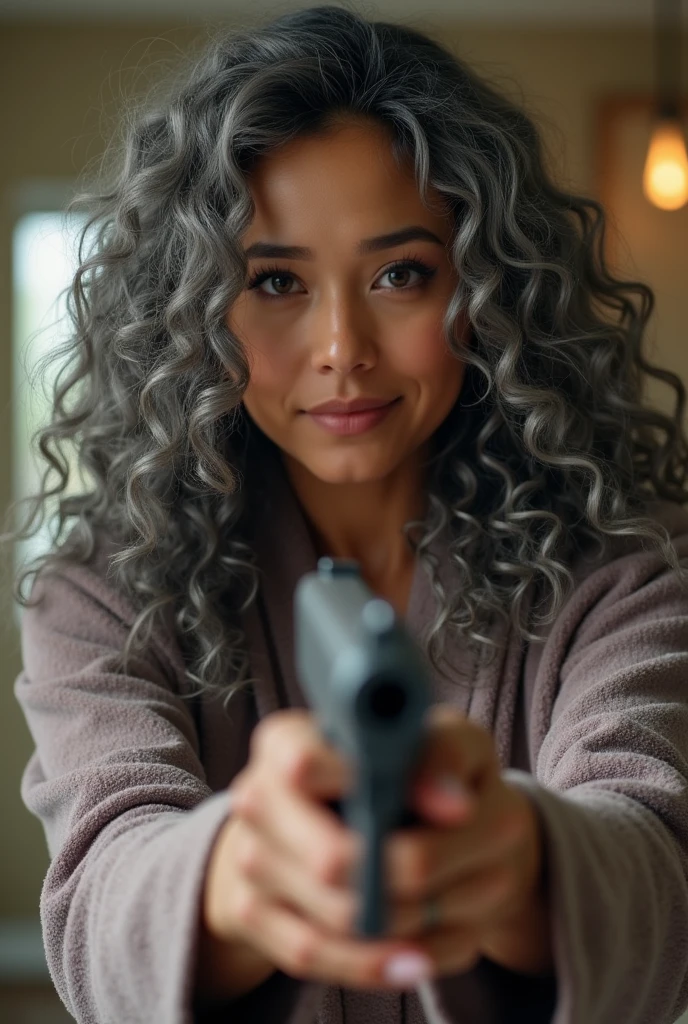 A beautiful youthful looking Filipino version of Ariana Grande as a 50 years old woman with long curly completely gray hair as the superhero Daisy Johnson from Agents of S.H.I.E.L.D wearing a bathrobe hold a gun in her hands pointing a gun at another woman who is her age and her gray hair protect a young man who is her boyfriend he is behind her
