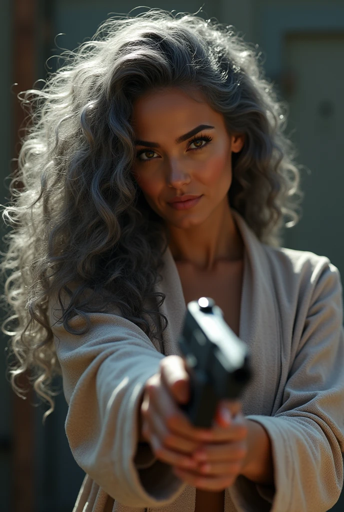 A beautiful youthful looking Filipino version of Ariana Grande as a 50 years old woman with long curly completely gray hair as the superhero Daisy Johnson from Agents of S.H.I.E.L.D wearing a bathrobe hold a gun in her hands pointing a gun at another woman who is her age and her gray hair protect a young man who is her boyfriend he is behind her