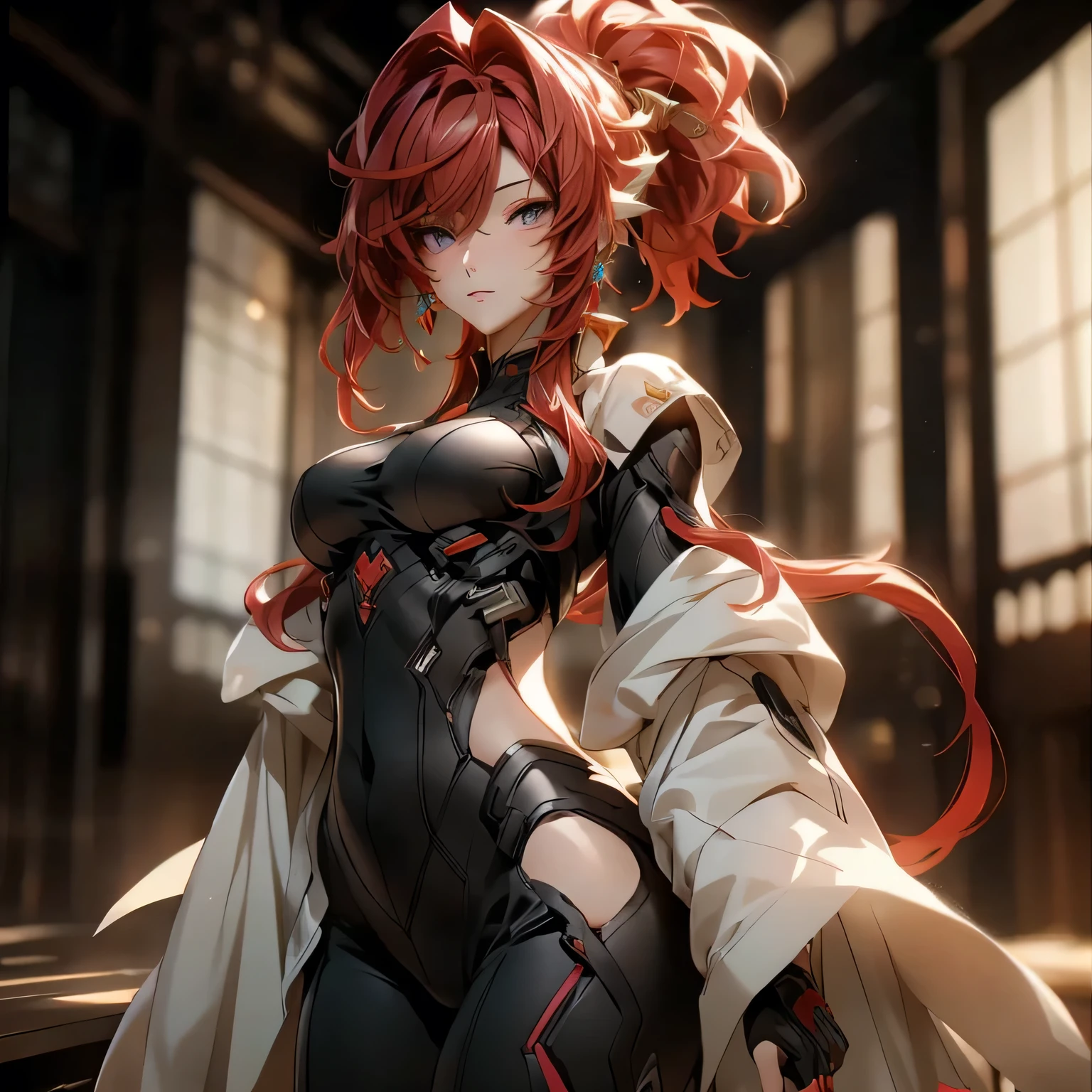 (best quality)), ((Masterpiece)), (details:1.4), 3d, HDR (high dynamic range), an image of a beautiful cyberpunk female, medieval, Hips up, Red hair, High ponytail, White eyes, จมูกโด่ง, ปากแดง, หน้าอกใหญ่, nvidia RTX, PBR surface, After processing, Anisotropic filtration,depth of field, Maximum clarity and clarity, multi-layered surface, Subsurface scattering, perfect proportions, 8K raw files, ultra detailed, Perfect proportions, volumetric lighting, soft lighting, Holy Paladin, Heavy Red Armor, glossy skin, chapel background, jewely, ต่างหู, นิ้วมือสมบูรณ์,
