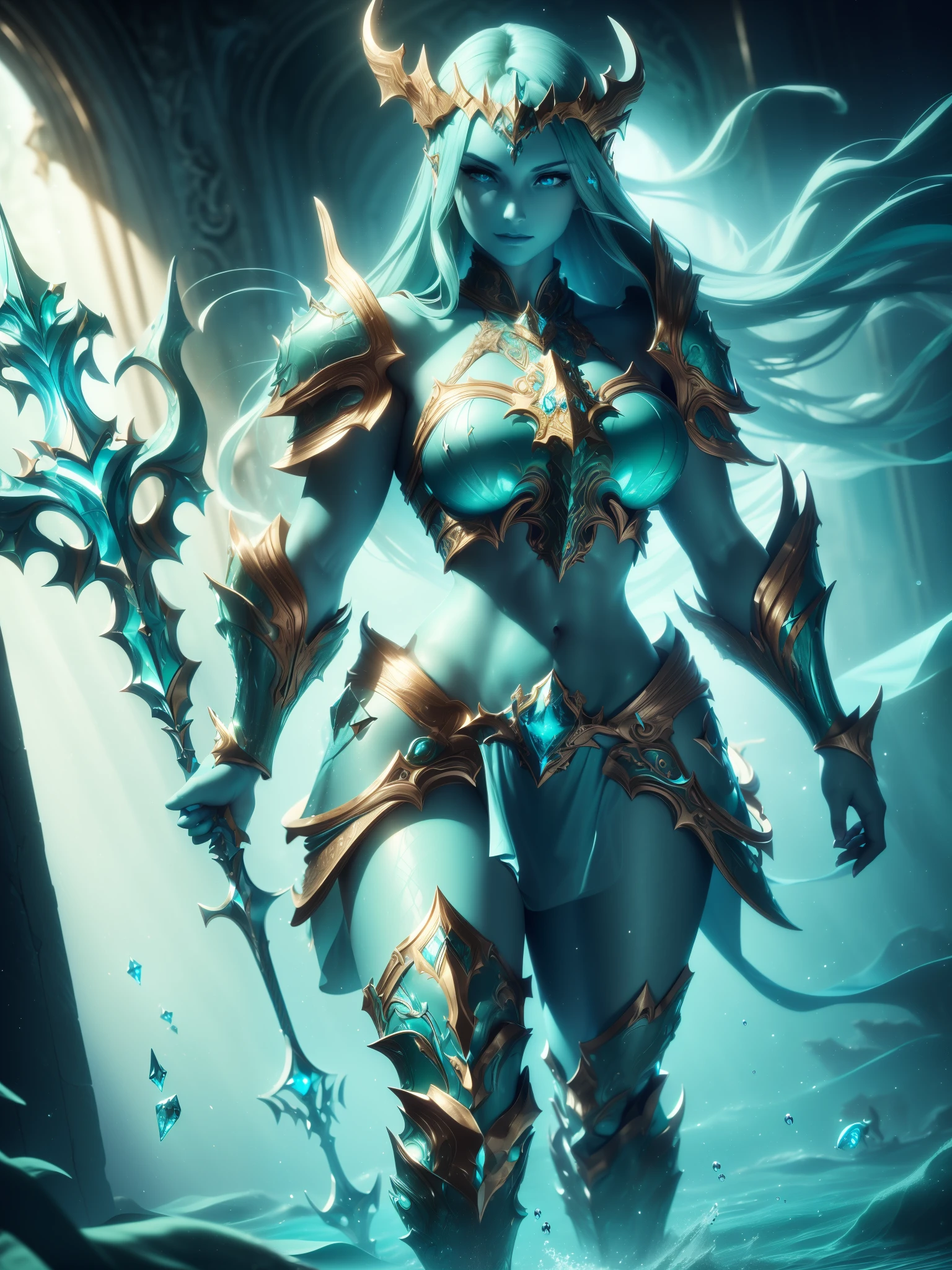 Photorealistic image ((Masterpiece)), ((high quality)) UHD 8K, Sea Goddess, goddess of Nordic seas, Valkyrie Armour, realistic, Sea Elf, (medium chest), (hourglass waist), (long turquoise hair), ((body view full)), ((Full body fantasy armour)), ((defined breastplate)), blue scaled chestplate, ((large shoulder pauldrons, intricate ice blue glow on armor)), (((three pronged trident in her right hand, three pronged trident))), ((underwater kingdom, underwater city, underwater palace, fantastic celestial palace underwater)), (mythological lighting and fantasy atmosphere), action pose, warrior goddess pose, Dynamic lighting, heavy shadows, facing the viewer, gentle smile, detailed face, detailed eyes, detailed smile, soft pale blue skin, soft skin, ((light blue-green skin)),