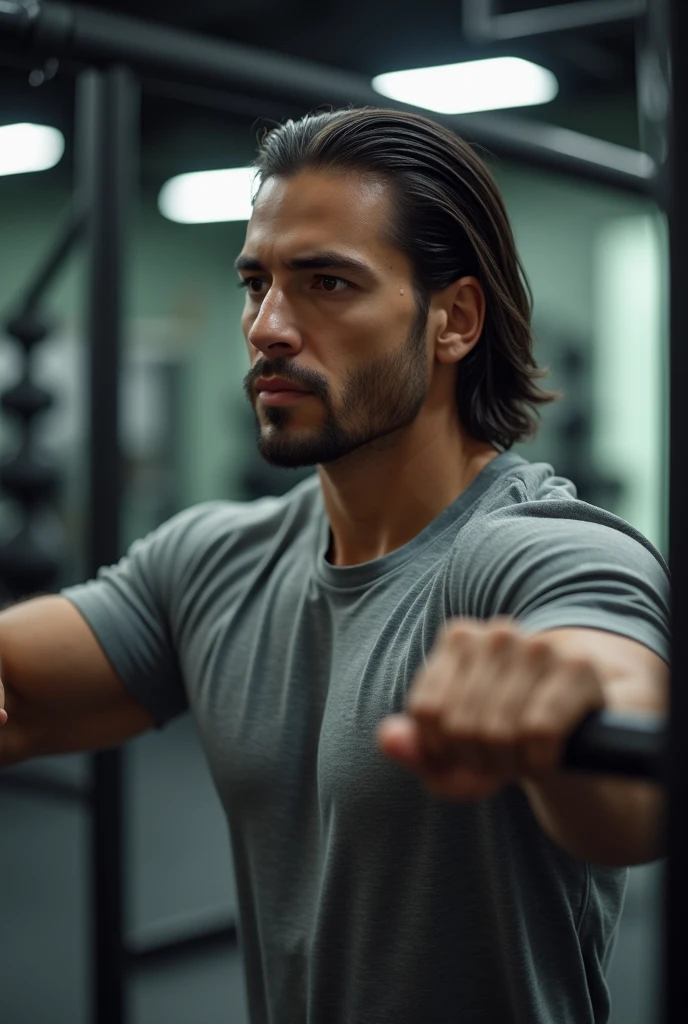 (photorealism:1.2), man in grey shirt, short hair on the side, Long hair, seeds, with a split in the middle and back to one side, to the side and behind the other side, doing chest pulley exercise, with downward inclination, in gym, looking forward.