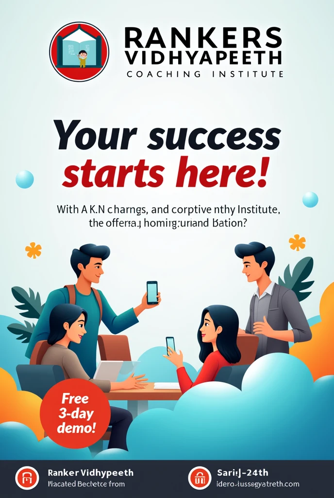 Here’s a effective & impressive design for image:
---
**Rankers Vidhyapeeth**
**Classes: Nursery to 12th**
**Home Tuition Available**
**Free Demo for 3 Days**
**Call: 7668743349**
*Your Success Starts Here!*
---
**Design Suggestions:**
1. **Font**: Choose a clear, easy-to-read font like Arial or Helvetica.
2. **Logo**: Place your coaching center’s logo at top left corner.
3. **Layout**: Arrange the information in a straightforward, centered layout.
4. **show**: Only show the main heading
5. **Size**: image size 4×3.
This will ensure that your banner is both informative and visually appealing.
