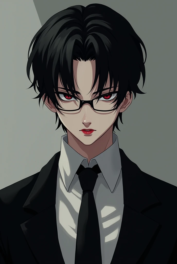 (anime) Half body photo of a man with black hair, pale skin, red lips, black eyes, wearing a suit and glasses with semi-slanted eyes and a cold look from the front