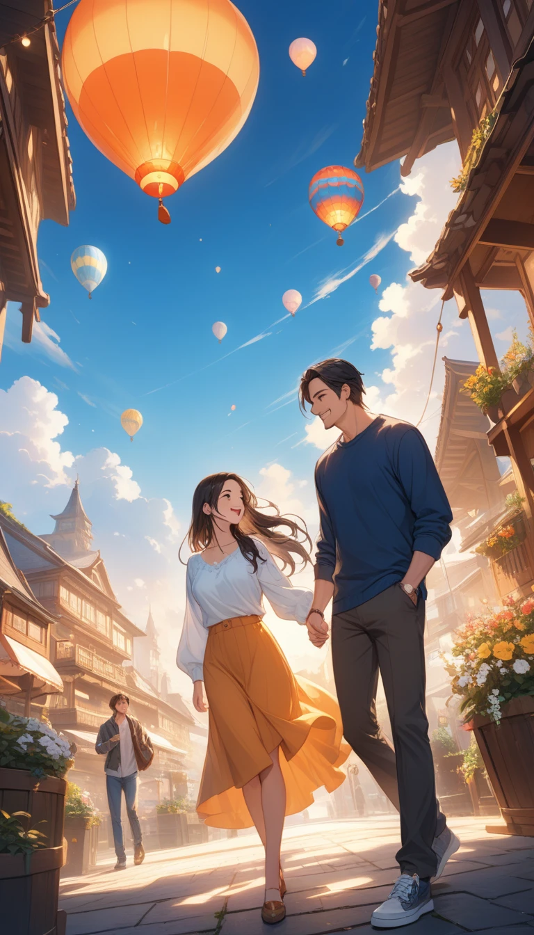 masterpiece, anime, cute, cute, romantic, Highest quality, 2 others, Couple, mature, Adult, Height difference, Different Fashion, Different colors, Casual clothing, Long sleeve, smile, Happy, like, Swirling Wind, blue sky, Long-haired men, Light brown haired man, Black-haired woman, Black-haired woman, ((32K)), ((best quality)), ((ultra high res)), ((HDR)), ((uhd)), ((extremely detailed CG)), ((unity 32K wallpaper)),