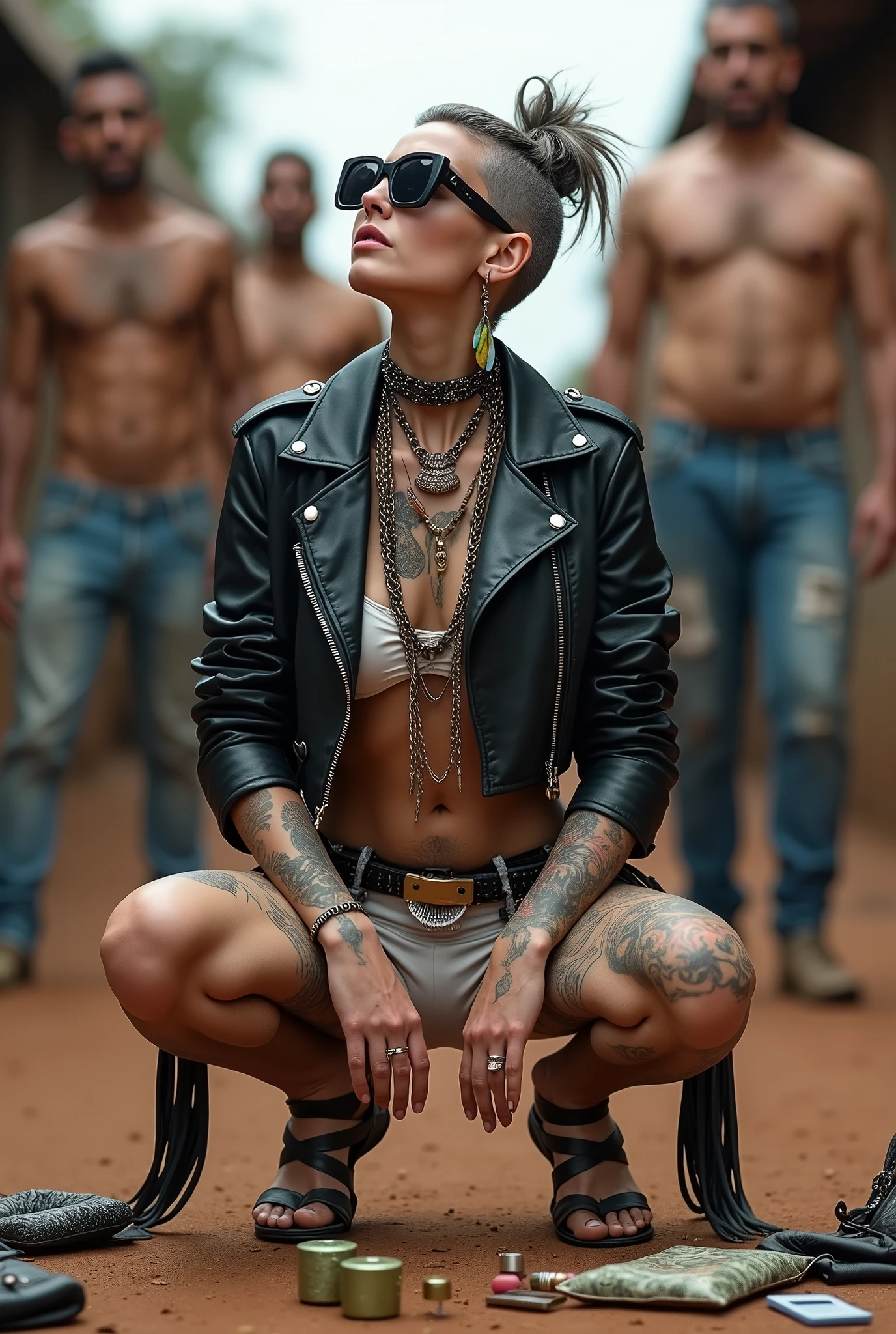 russian  woman, grey hair (pouf, and top bun and shaved sides) and oversized square maxi sunglasses as headband, with very light blue eyes, extremely pale. Wearing tight aged black cropped moto jacket with lots of zippers and pins; white bikini, flip flops . Chain around  like belts. Dirty knees and dusty hands. Lots of metallic bracelets, lots of boho pendants and lots of colourful beads collars. Long boho earrings with colourful feathers. Chains around the . Squatting,  looking up, chin up, stretching her neck , humble  expression. Hands on her knees, showing off bracelets and rings. studded black leather tote bag with chain  on the floor, next to her..  Listening looking up  in amazement to somebody speaking to her from above, well toned abdominals, thin neck, slim legs and thin arms.  Narrow   , stomach, neck, tigh and hands completely covered with tattoos.  Dirt street in Kenyan village full of waste. A lot of tanned  fat men in jeans around looking at her. next to her, all her belongings scattered on the floor: tobacco packs, makeup kit, little makeup mirror, studded black leather tote bag, lipstick, wallet, moble etc on the floor