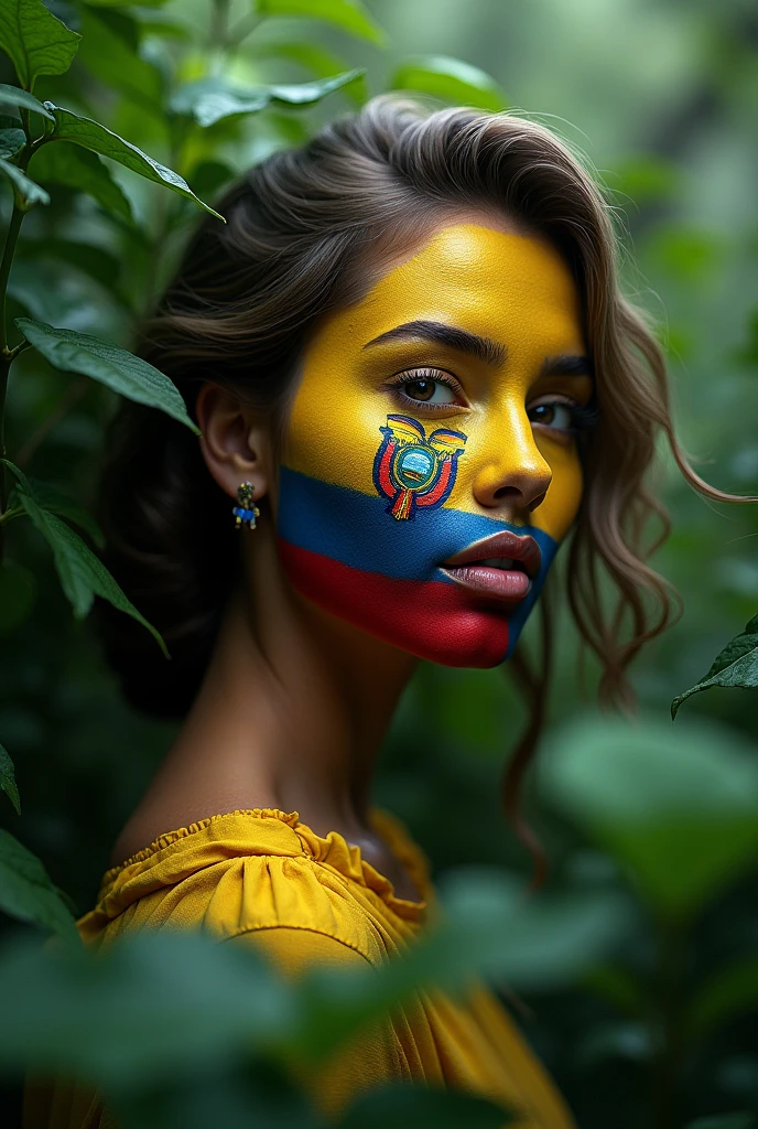 Woman with her face painted with the flag of Ecuador and surrounded by nature