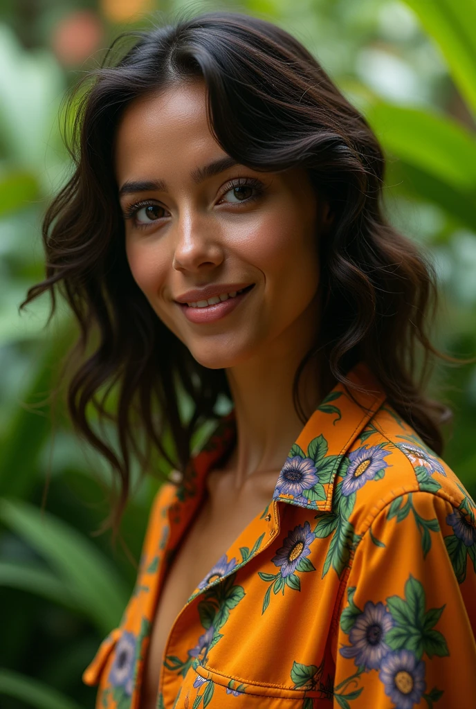 A Brazilian woman in a lush tropical garden, wearing an open shirt with a floral print, with a close-up capturing the harmonious beauty between her breasts and the natural flowers, showing off your natural charm and outgoing personality.