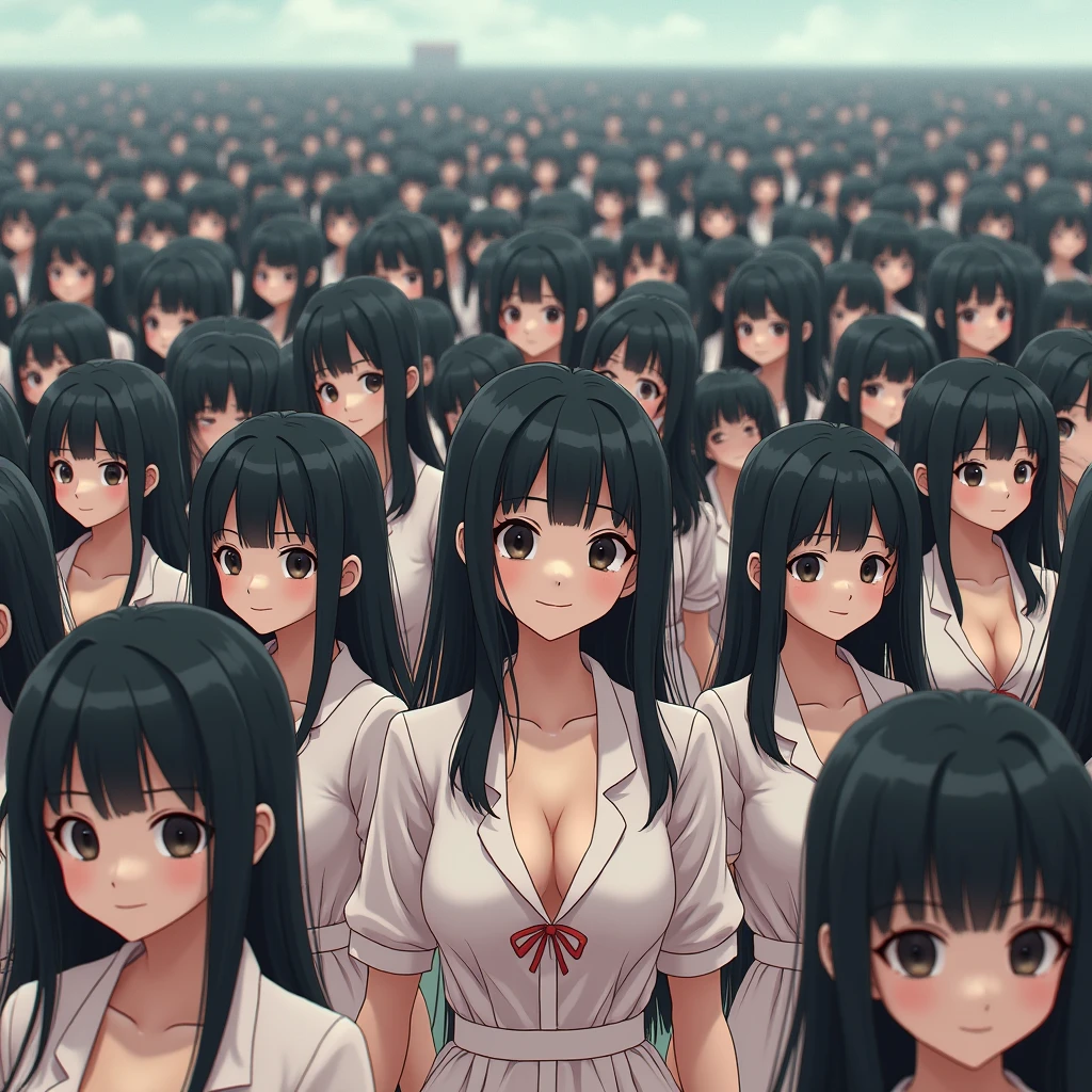 (((((Japanese Clone girls=Myself)))))), (((Best Super High quality Myself Clone girls Raw Photography Art))), (16K, Highest quality, Ultra-high resolution, RAW Photos), (((It's so unrealistic., With unparalleled depiction, With an unfathomable sight, An unprecedented and shocking worldview, Clone girls in a world of mass reproduction, Ultra-realistic))), (((Japanese, woman, 20yo, Saito-Asuka))), (Small face, ((Thick black hair, Semi-long hair))), ((V-neck short-sleeve dress)), (((((Very detailed美しい女体, Accurate body structure, Very detailed完璧な, Super busty body with very large breasts, Clearly emphasizes cleavage))))), (((Dark Eyes, Mature face, Cute Smile, A gentle gaze))), (((Her happy and smiling expression is so cute))), ((((((((Very detailed分身増殖描写, ((1girl→Myself cloning→1,000,000,000,000,000,000,000,000,000,000,000,000,000,000,000,000,000,000,000,000Myself Clone girls)))))))))), ((((((((Very detailed, The precise depiction of the proliferation of Myself Clone girls, ((With the perfectly identical bodies of Myself clone girls, With the exact same face as the Myself clone girls, With the exact same hairstyle as the Myself clone girls, In the exact same clothes as the girls who are my clones, Perfectly the same height as the Myself clone girls, Super big breasts, just like the Myself clone girls)))))))))), (((Myself clone girls only))), (((Very detailed depiction, (A group of Myself clone girls hugging each other, A large gathering of Myself clone girls, Fun conversations among crowds of Myself clone girls, A fun conversation among a crowd of Myself clone girls, A crowd of Myself clone girls having lovey-dovey sex, Multiple Myself clone girls walking together in a crowd, turn around, The approaching crowd of Myself)))), (((Everyone looks at the camera))), (((Unbelievably crowded, Transcendent Myself clone girls intimately, Countless Myself clone girls surround you in 360 degrees))), (Bright, soft sunlight), (((Very wide field of view, Very detailed, Detailed ultra-perspective depiction with clear depth, super wide view))), (((((Where the huge crowd of over tens of millions of Myself groups come together))))), (((Very photographic and detailed depiction, Myself clone girls will multiply infinitely and fill the surroundings from one side to the horizon with their bodies tightly packed together without any gaps., A scene of endless Myself clone girls, giving a happy vibe.))), (Focus on the average value of the image)