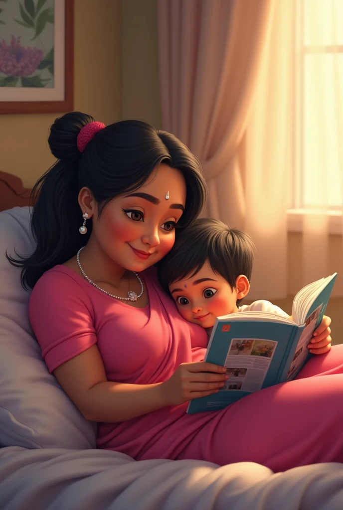 indian 40 year old chubby woman wears tight pink colour gown, lying on bed, reading a magazine, and 17 year small boy wears tshirt and short, lying alongside the woman on bed,  hugged the woman and  seeing the magazine.