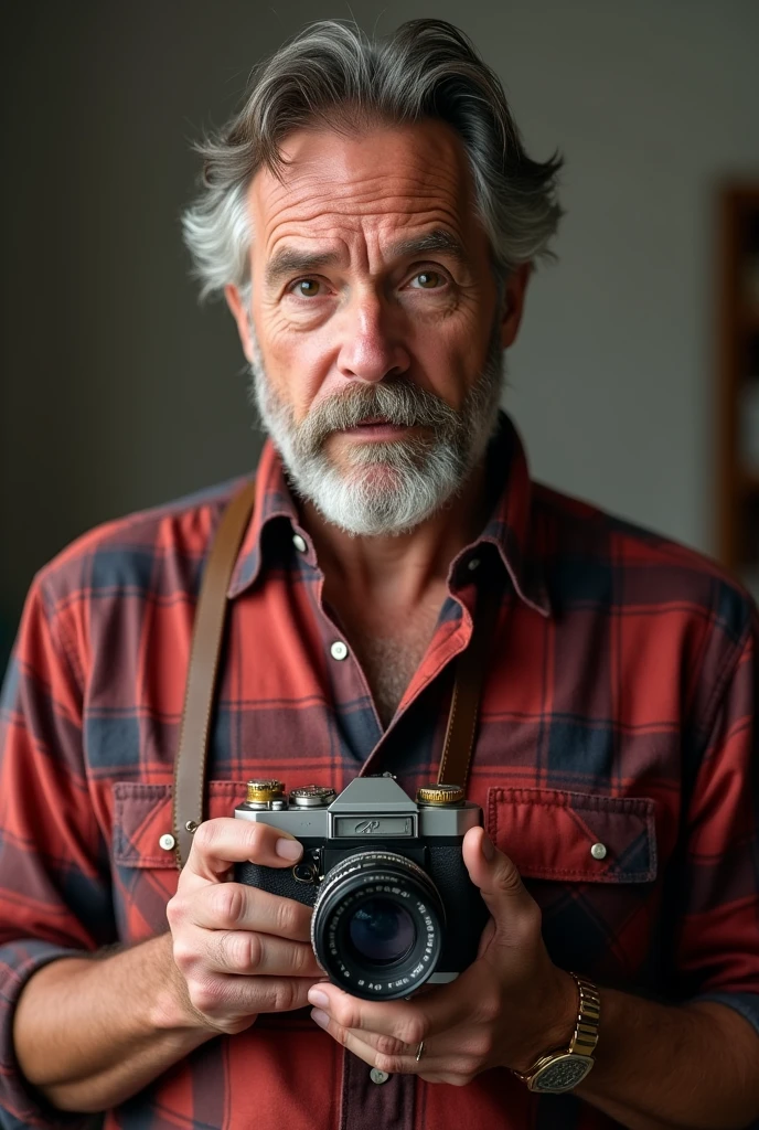 Male, photographer, hold a vintage camera, wearing red plaid shirt