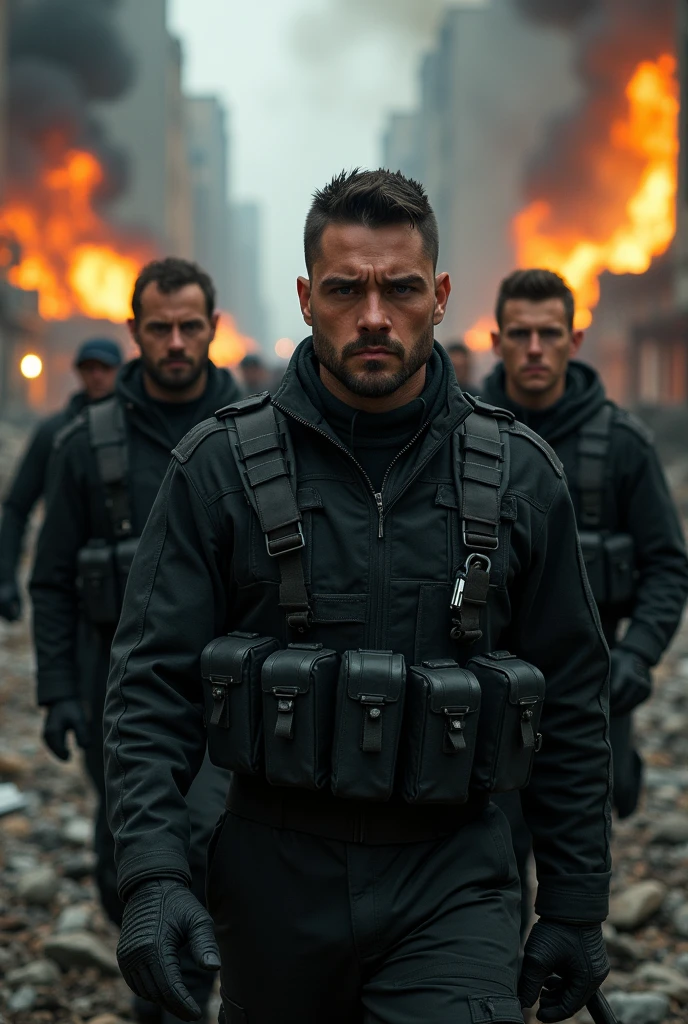 a group of 4 soldiers exiting a burning city, detailed military uniforms black, smoke, flames, face zoom, focus on the face, rubble, apocalyptic, dystopian, dramatic lighting, gritty, cinematic, muted color palette, (best quality,4k,8k,highres,masterpiece:1.2),ultra-detailed,(realistic,photorealistic,photo-realistic:1.37)