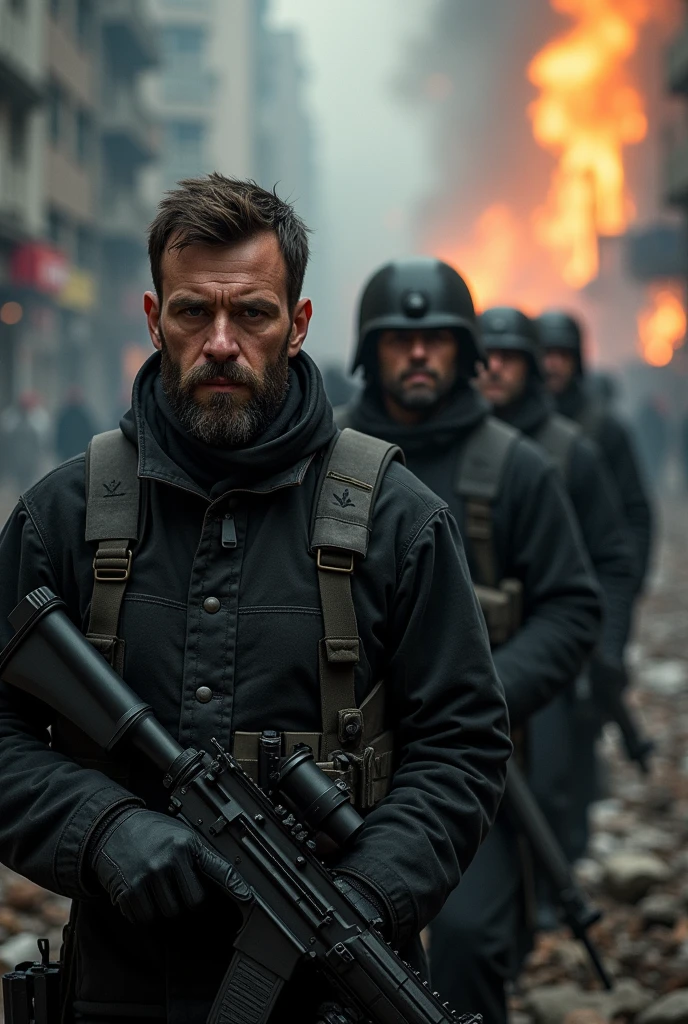 a group of 4 soldiers exiting a burning city, detailed military uniforms black, smoke, flames, face zoom, focus on the face, rubble, apocalyptic, dystopian, dramatic lighting, gritty, cinematic, muted color palette, (best quality,4k,8k,highres,masterpiece:1.2),ultra-detailed,(realistic,photorealistic,photo-realistic:1.37)