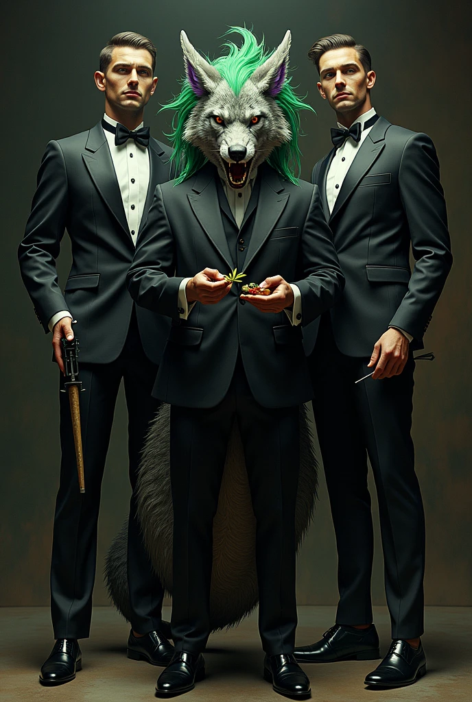 3 men in suits with super realistic masks , One is a dexterous dragon with green hair and purple tips..... , in his hand a marijuana cigarette,with red eyes and a marma in the other golden hand, a gray wolf with bars stopped ,In the middle and with one in hand , an alien on the left in grey, The three of them standing in elegant black suits, Black background , que la comida parece mas grande y the 3 with weapons mirando hacia adelante que el dragon esta a la derecha y los 3 celebrando al dragon a la derecha, On the left the alien and in the middle the wolf. , the 3 with weapons, The one in the middle is on the right