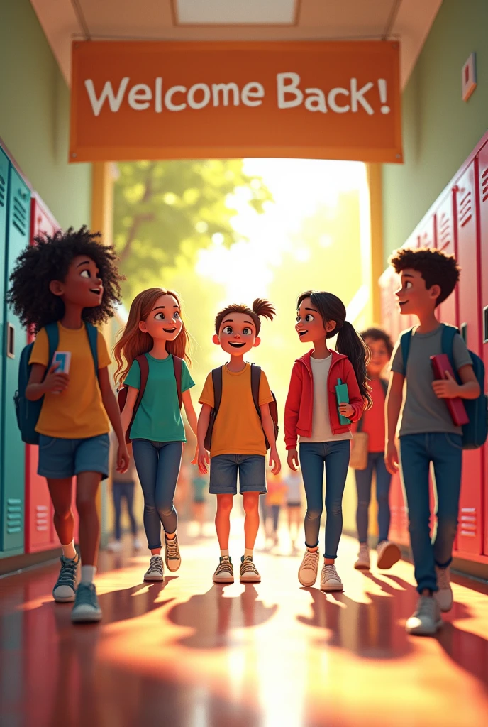 Generate an image representing the theme 'Back to School' with a focus on a busy school hallway scene. Show a diverse group of students, ages 8-12, walking through the hallway with backpacks on, chatting with friends, and smiling as they head to their classrooms. The hallway is decorated with lockers, motivational posters, and a large banner overhead that reads 'Welcome Back!' Some students are holding books or binders, while others are opening lockers or adjusting their backpacks. The lighting is bright, with natural sunlight streaming in through windows, creating a lively and energetic atmosphere that captures the excitement of returning to school."