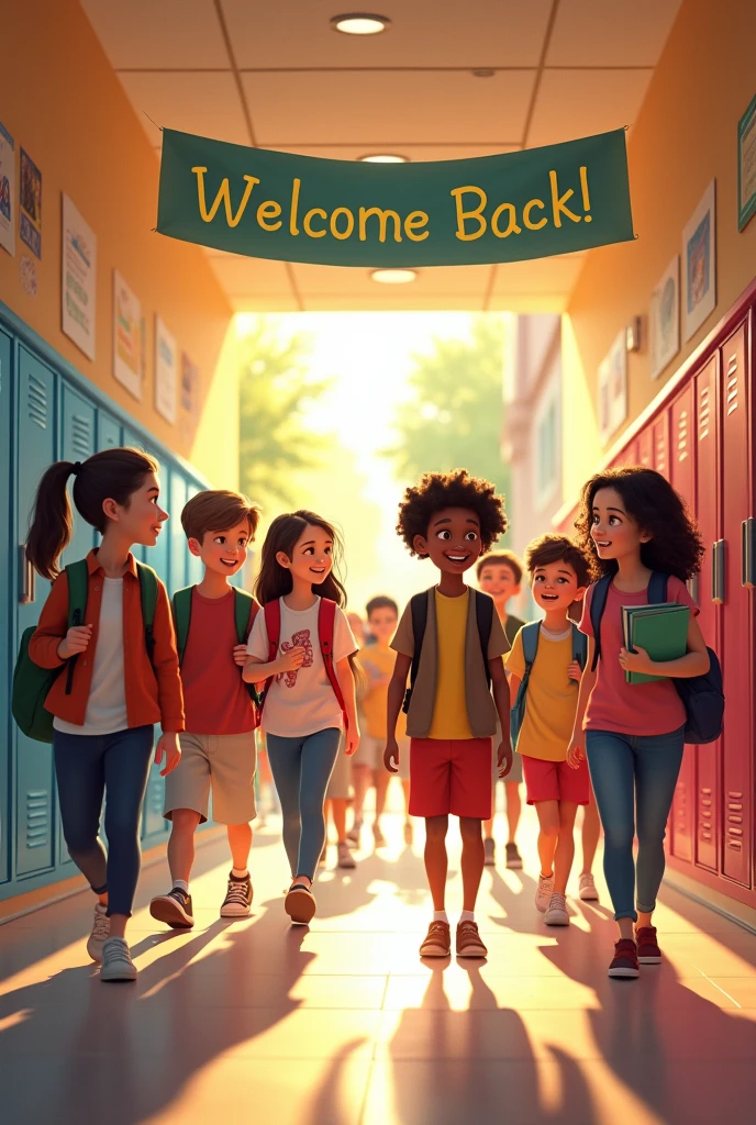 Generate an image representing the theme 'Back to School' with a focus on a busy school hallway scene. Show a diverse group of students, ages 8-12, walking through the hallway with backpacks on, chatting with friends, and smiling as they head to their classrooms. The hallway is decorated with lockers, motivational posters, and a large banner overhead that reads 'Welcome Back!' Some students are holding books or binders, while others are opening lockers or adjusting their backpacks. The lighting is bright, with natural sunlight streaming in through windows, creating a lively and energetic atmosphere that captures the excitement of returning to school."