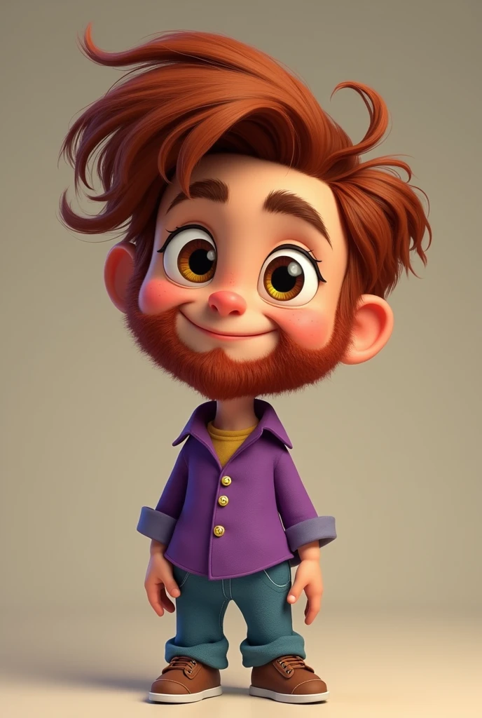 I want to create a Disney boy, This boy is gringo, She has brown hair with few curls., He has a red beard, He has a purple shirt and blue pants, His eyes are brown with green. And he has a mole under his left eye
