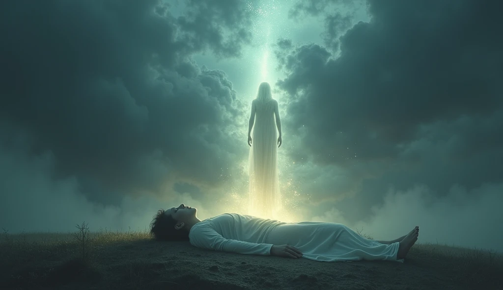{
"prompt": "A powerful and emotional scene showing the spirit leaving the body of a person. The body, lying peacefully on the ground, is surrounded by an ethereal glow. The spirit, depicted as a translucent, luminous figure, gently rises upward, leaving the physical form behind. The setting captures both earth and sky simultaneously, with the ground fading into a misty, twilight horizon, and the sky above filled with swirling, dark clouds tinged with a somber light. The atmosphere is filled with sadness and reverence, creating a poignant moment of transition between life and the afterlife. The image should be in high quality, with vivid details highlighting the contrast between the earthly scene and the ethereal journey of the spirit."
}