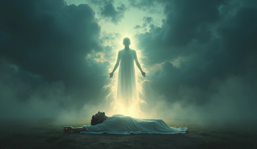 {
"prompt": "A powerful and emotional scene showing the spirit leaving the body of a person. The body, lying peacefully on the ground, is surrounded by an ethereal glow. The spirit, depicted as a translucent, luminous figure, gently rises upward, leaving the physical form behind. The setting captures both earth and sky simultaneously, with the ground fading into a misty, twilight horizon, and the sky above filled with swirling, dark clouds tinged with a somber light. The atmosphere is filled with sadness and reverence, creating a poignant moment of transition between life and the afterlife. The image should be in high quality, with vivid details highlighting the contrast between the earthly scene and the ethereal journey of the spirit."
}