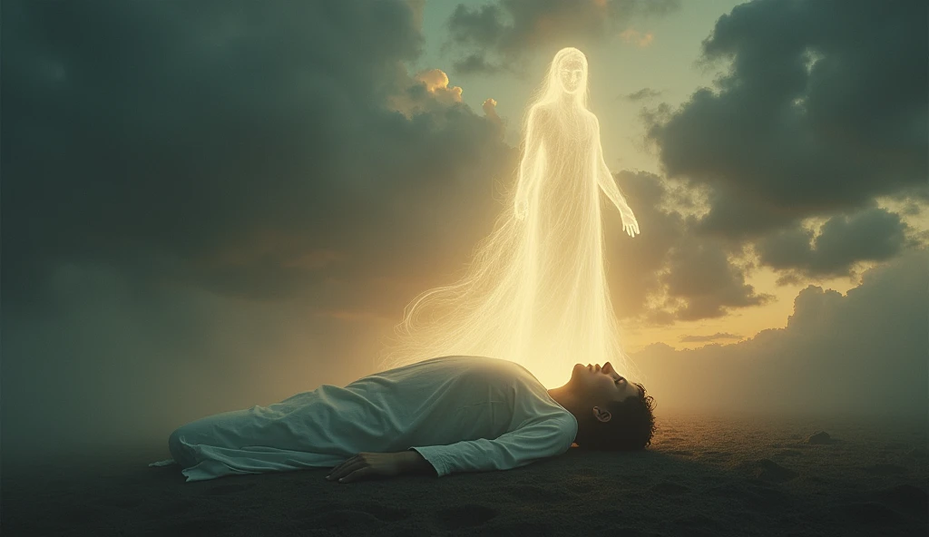 {
"prompt": "A powerful and emotional scene showing the spirit leaving the body of a person. The body, lying peacefully on the ground, is surrounded by an ethereal glow. The spirit, depicted as a translucent, luminous figure, gently rises upward, leaving the physical form behind. The setting captures both earth and sky simultaneously, with the ground fading into a misty, twilight horizon, and the sky above filled with swirling, dark clouds tinged with a somber light. The atmosphere is filled with sadness and reverence, creating a poignant moment of transition between life and the afterlife. The image should be in high quality, with vivid details highlighting the contrast between the earthly scene and the ethereal journey of the spirit."
}