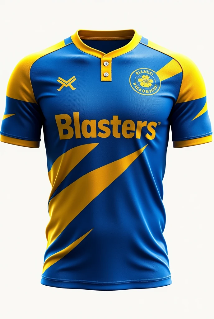 Create a jersey in standard looking and design in good shape something look like blue and yellow colour written BLASTERS in the middle