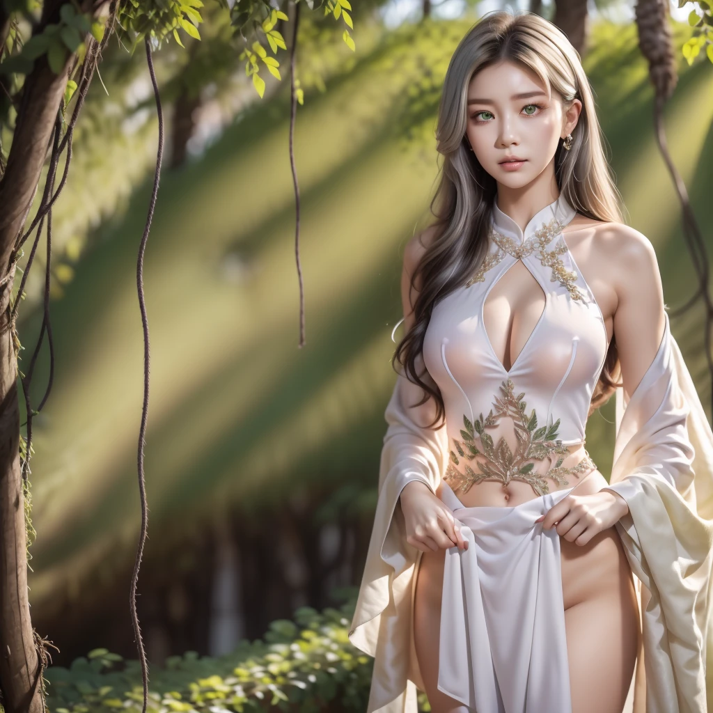A beautiful 1 girl standing gracefully in a lush forest clearing, surrounded by tall trees and vibrant greenery. She has long, flowing white hair that contrasts with the natural setting. Her body is modestly covered with strategically placed leaves that cover her chest and lower region, giving her an ethereal and almost mystical appearance. She gazes directly at the center of the image with a puzzled expression, as if she's unsure of something. The background is rich with foliage, sunlight filtering through the leaves, and a sense of serenity in the natural environment