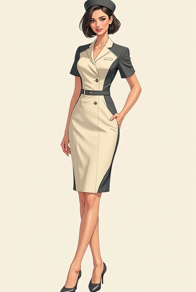 Women's short-sleeved, V-neck, cream-colored flight attendant uniform with dark gray details, round elements, luxurious, minimal, slightly fashionable, in a Lanna style, full body, from the same collection, watercolor and wood color images.