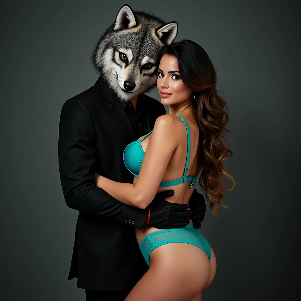 Man in wolf mask in black suit hugging huge breasted woman in turquoise lingerie, She with her back to him and looking at the camera, Photo studio 