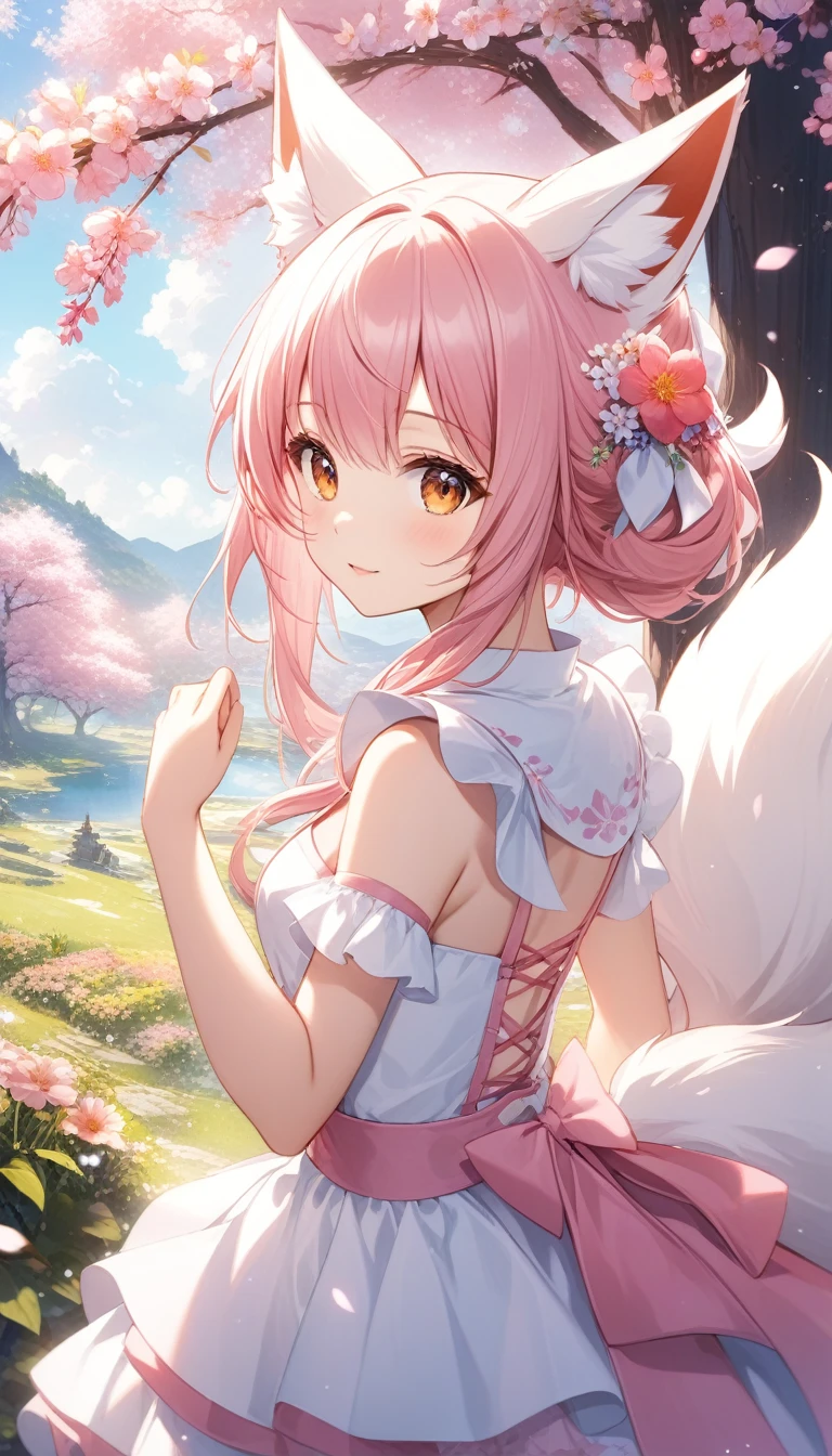 9 snow-white fox tails (1.0), Milky Fox Tail (1.0), Nine-Tailed Foxの狐のクローズアップ, Nine-Tailed Fox, Nine-Tailed Fox, With pink hair、Anime girl in a pink dress with flowers in her hair, very Beautiful anime fox girl, Beautiful anime fox girl, Beautiful fantasy anime, Gwaiz, Anime girl with fox ears, Beautiful Anime Girls, A very beautiful and cute fox, Pink flower rain, Background Blur, Anime Style 4k, Anime fantasy artwork, 4k anime wallpaper, Gubes-inspired artwork, ((32K)), ((best quality)), ((ultra high res)), ((HDR)), ((uhd)), ((extremely detailed CG)), ((unity 32K wallpaper)),