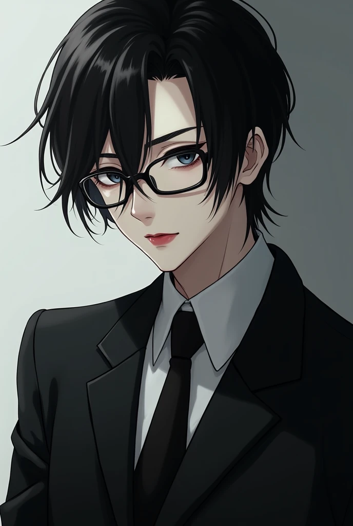 (anime) Half body photo of a man with black hair, pale skin, red lips, black eyes, wearing a suit and glasses with semi-slanted eyes and a cold look from the front