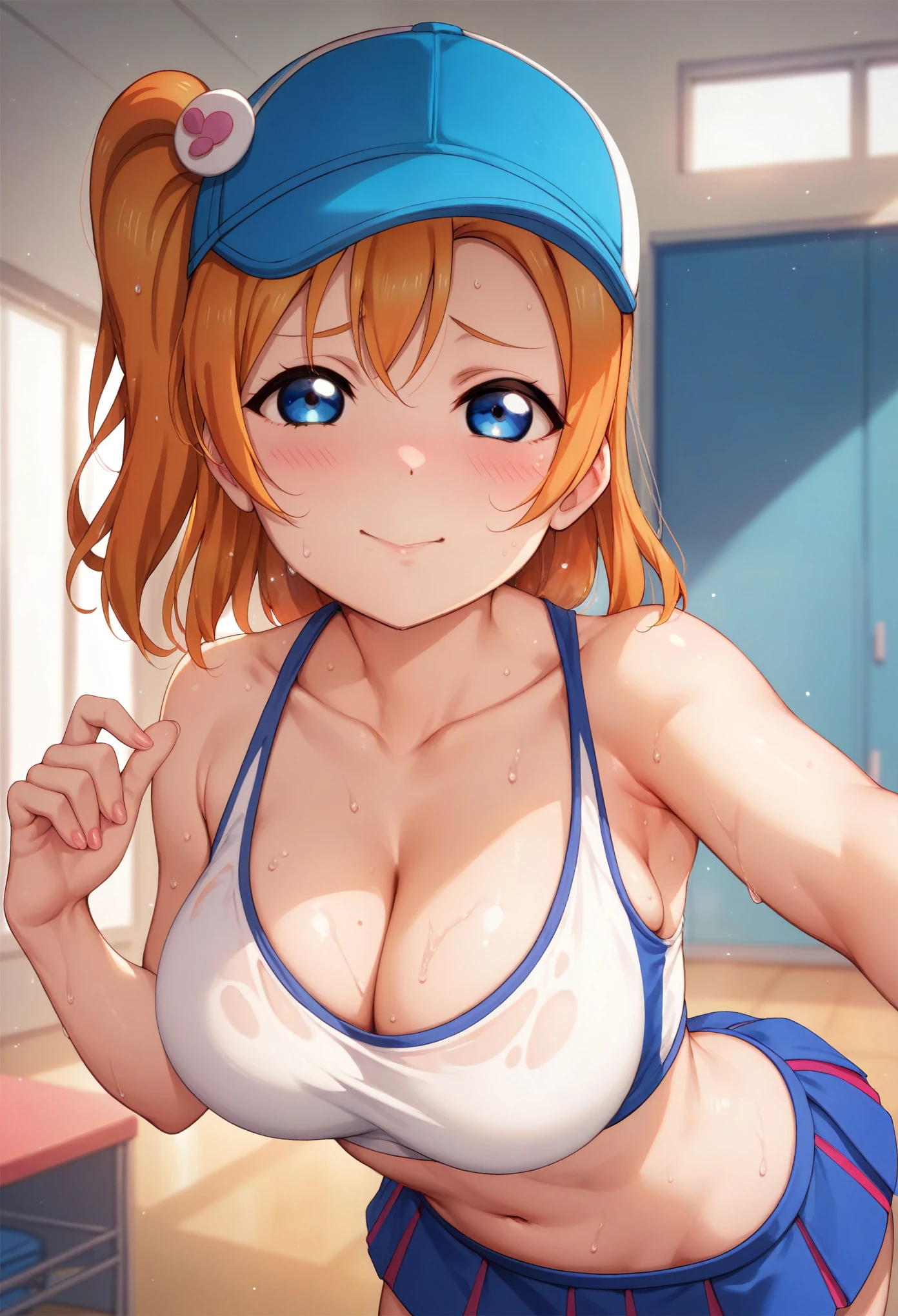 Honoka kousaka love live, cowboy shot, blue eyes, orange hair, blushing, view at viewer, very small micro skirt, tinnies crop top,cap, sweating, cleavage , tinnies stadium , adjusting her top, school sports room, breasts press