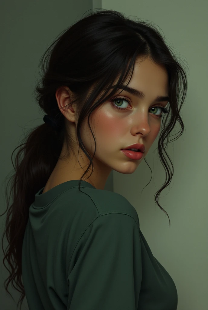 Décrivez une personne âgée de 18 ans, aux cheveux bruns (considérés comme bruns), aux yeux verts et dont la posture consiste à se pencher en avant tout en regardant en arrière.