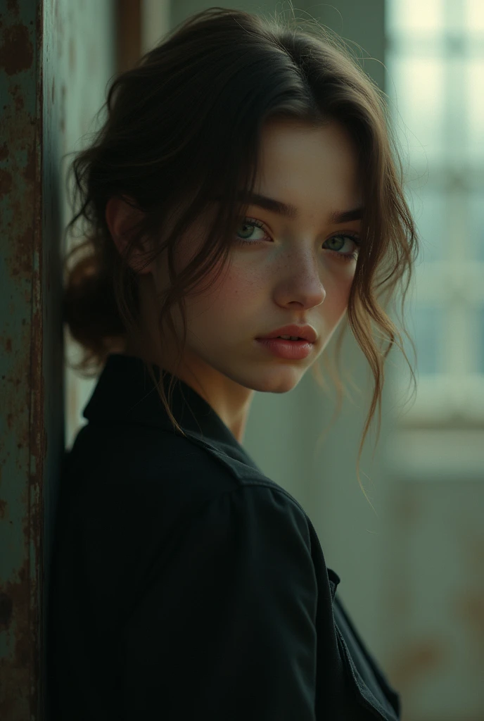 Décrivez une personne âgée de 18 ans, aux cheveux bruns (considérés comme bruns), aux yeux verts et dont la posture consiste à se pencher en avant tout en regardant en arrière. 