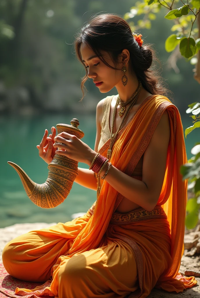 A woman playing a shankh with both hands