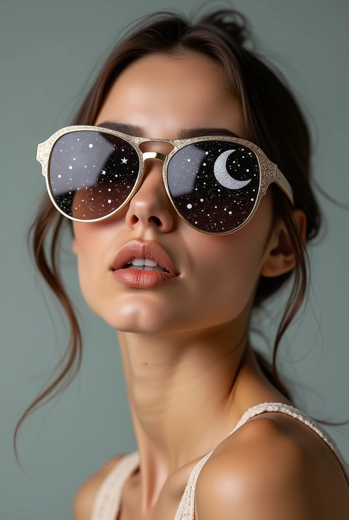 The model is wearing glass sunglasses with stars and the moon on the glass