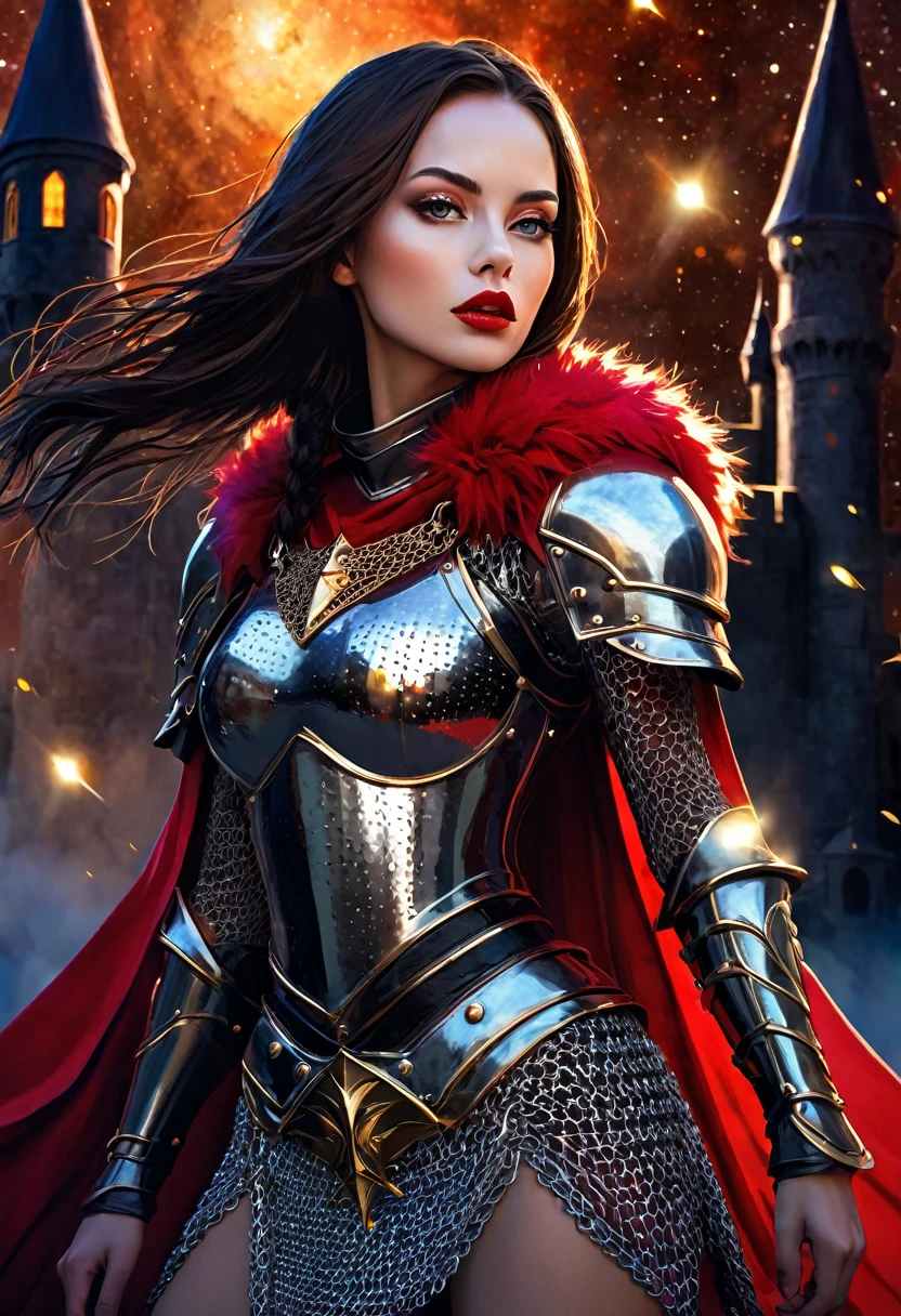 sexy warrior girl, long straight dark brown hair, sexy chain mail armor, red fur cape, in battle, small breasts, magic, fantasy, sinister castle background at night, with stars and nebulas,(best quality, 4k, 8k, high resolution, masterpiece: 1.2), ultra-detailed, (realistic, photorealistic, photorealistic: 1.37), details intricate, vivid colors, sharp focus, professional, Dave McKean artwork, surrealism oil touch, oil painting style, portrait, woman, beautiful detailed eyes, beautiful detailed lips, dreamy atmosphere, shadow play, lighting soft, fun pose, dark tones, ethereal background, fantasy elements, texture, layered composition., inspired art by Bill Sienkiewicz and Dave McKean
