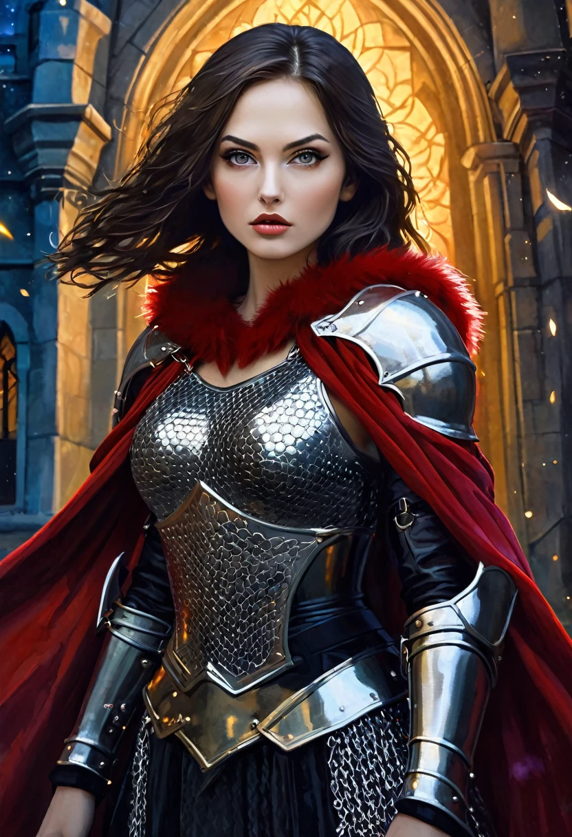 sexy warrior girl, long straight dark brown hair, sexy chain mail armor, red fur cape, in battle, small breasts, magic, fantasy, sinister castle background at night, with stars and nebulas,(best quality, 4k, 8k, high resolution, masterpiece: 1.2), ultra-detailed, (realistic, photorealistic, photorealistic: 1.37), details intricate, vivid colors, sharp focus, professional, Dave McKean artwork, surrealism oil touch, oil painting style, portrait, woman, beautiful detailed eyes, beautiful detailed lips, dreamy atmosphere, shadow play, lighting soft, fun pose, dark tones, ethereal background, fantasy elements, texture, layered composition., inspired art by Bill Sienkiewicz and Dave McKean
