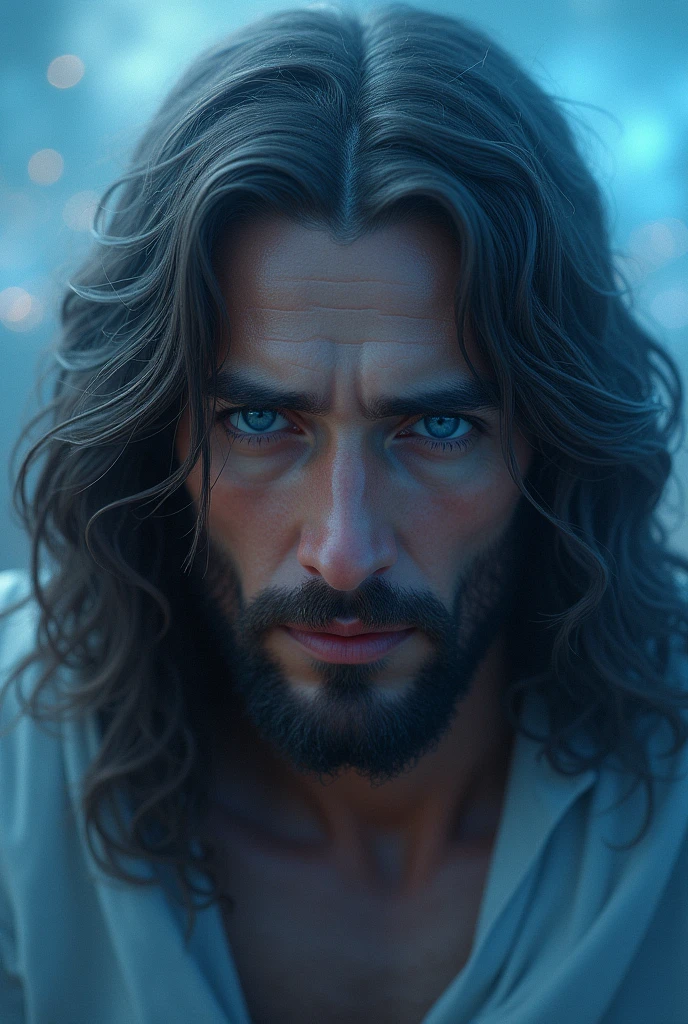 Jesus staring at you with beautiful sky-colored eyes