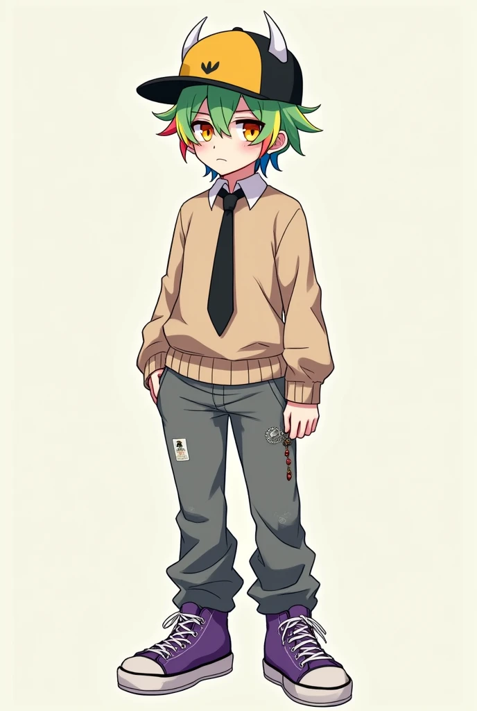 Anime style boy with a tall rectangle style face with black hair and of legal age, messy hair with colored locks of green, yellow, pink, blue, orange who has a sweater with a black tie, light pink cheeks, almost orange yellow eyes, gray pants with purple strings and purple tennis-style shoes with a pale white skin color with white horns on the inside, gold with a Roblox cap, a black cap that has a silver chili pepper chain and a leather string and that is tall, not a dwarf, that looks older.