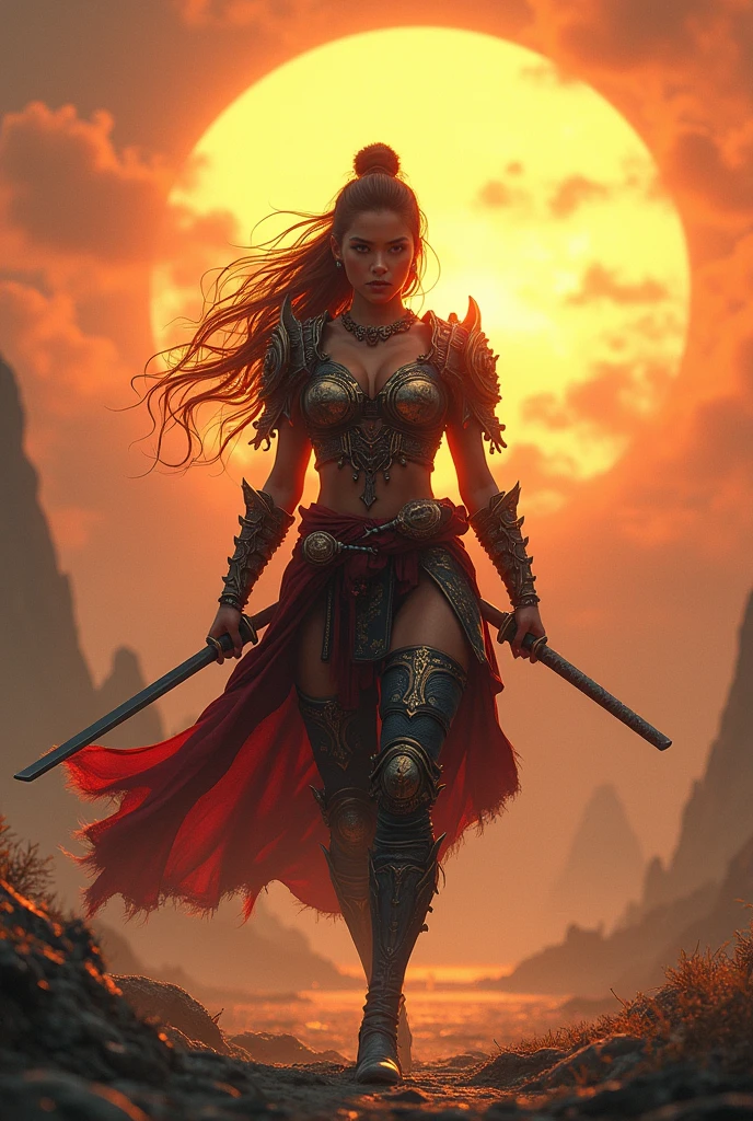 a female warrior walking, side view, katana, big yellow sun in background, highly detailed, digital painting, photorealistic, 8k, ultra-detailed, masterpiece, sharp focus, physically-based rendering, vivid colors, dramatic lighting, epic fantasy