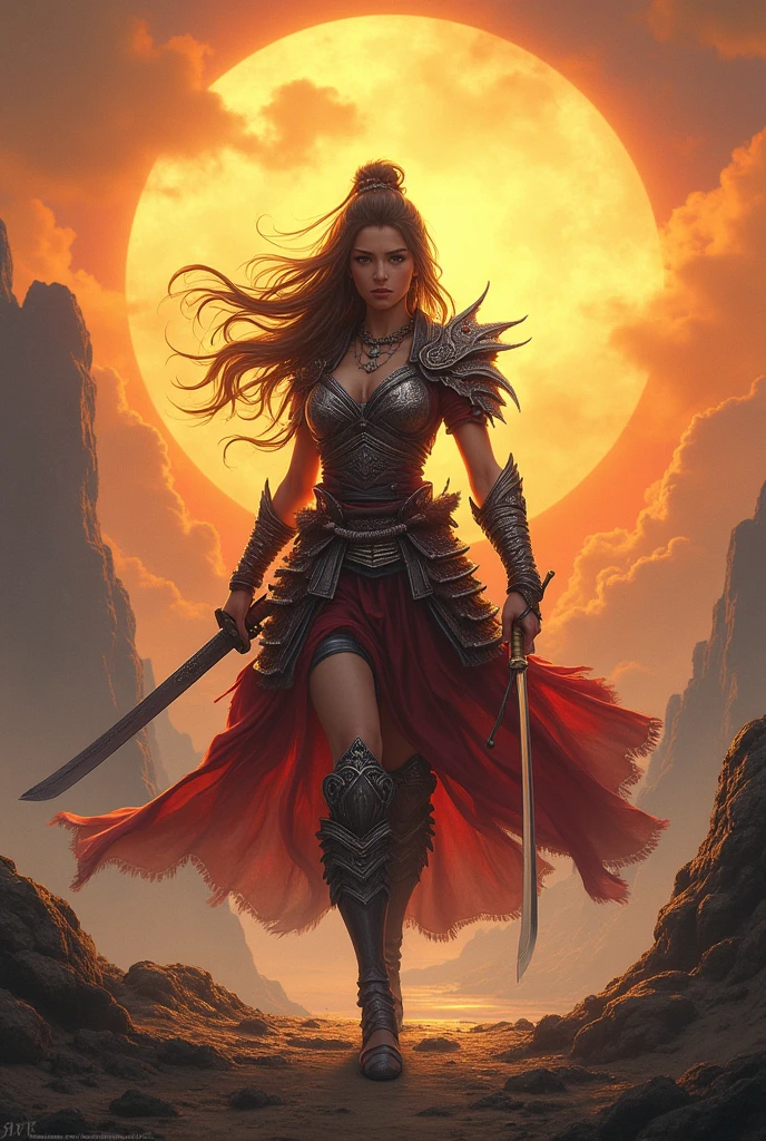 a female warrior walking, side view, katana, big yellow sun in background, highly detailed, digital painting, photorealistic, 8k, ultra-detailed, masterpiece, sharp focus, physically-based rendering, vivid colors, dramatic lighting, epic fantasy