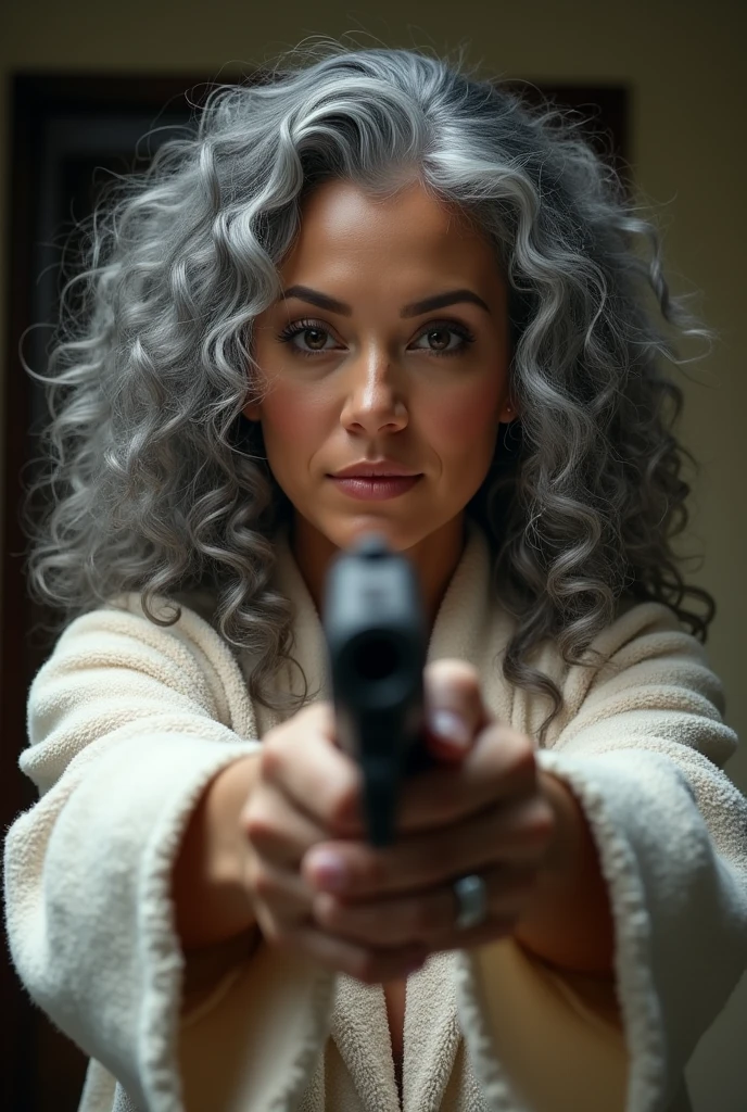 A beautiful youthful looking Filipino version of Ariana Grande as a 50 years old woman with long curly completely gray hair as the superhero Daisy Johnson from Agents of S.H.I.E.L.D wearing a bathrobe hold a gun in her hands pointing a gun at another woman who is her age and her gray hair protect a young man who is her boyfriend he is behind her
