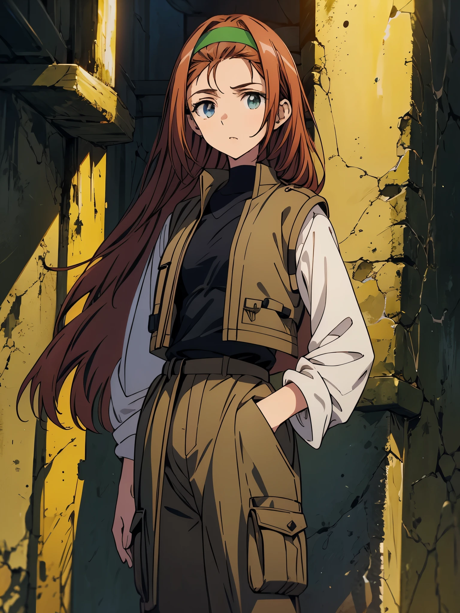 score_9, score_8_up, score_7_up, 8k, Highly Detailed, Masterpiece, source_anime, best quality, beautifully detailed eyes and beautifully detailed hair, 1girl, solo, Anime-style character illustration set against a solid black background. The character is a young woman with fair skin, long reddish-brown hair, and green eyes. She is wearing a green headband, a light grey long-sleeve shirt, and a brown utility vest with multiple pockets. Her outfit includes brown cargo pants with black straps and black combat boots. The character's facial expression is neutral, and she stands with one hand resting on her hip, exuding a confident and composed demeanor, background is arbitrary